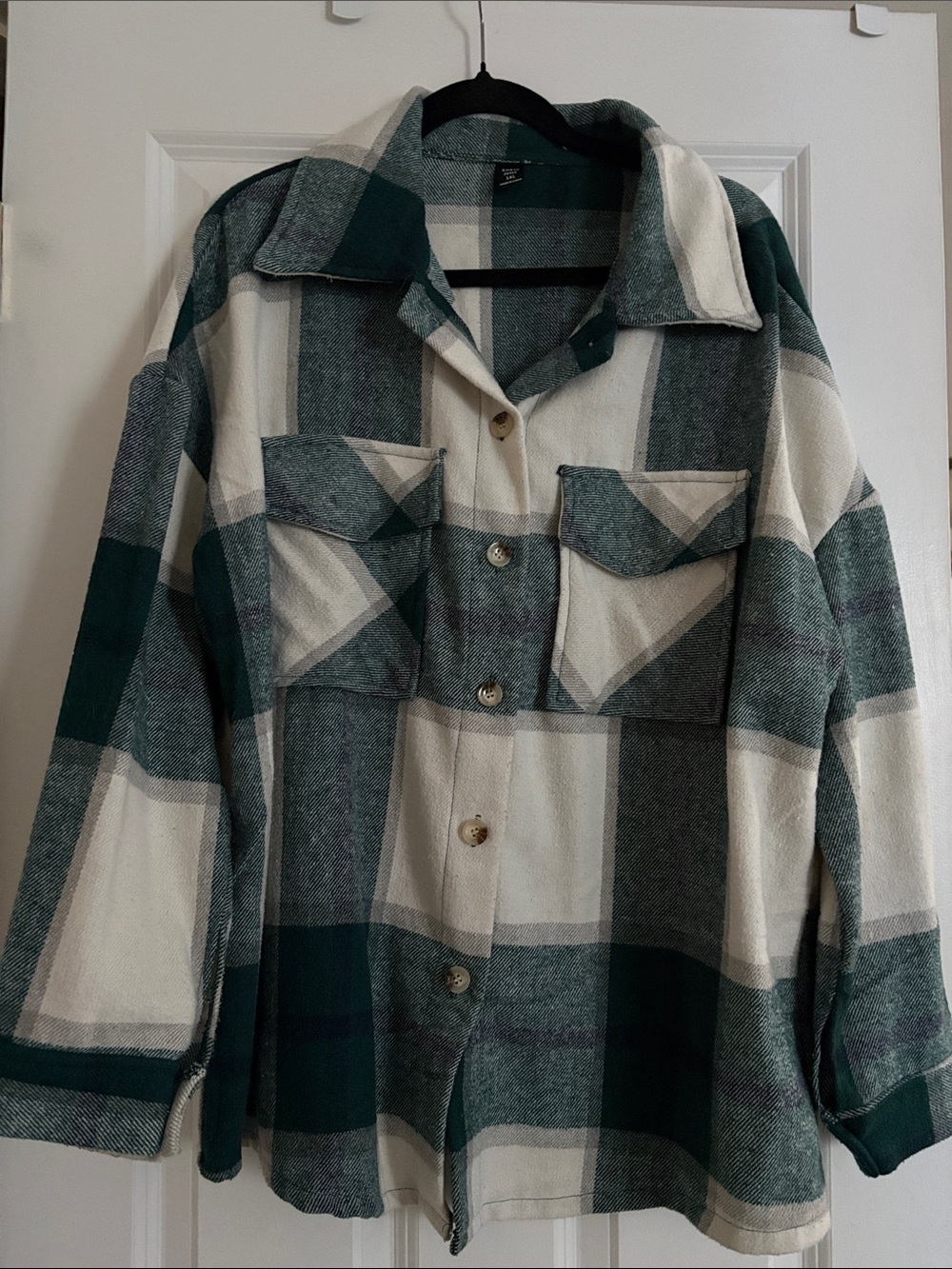 SHEIN Green & White Plaid Button-Front Shirt Jacket